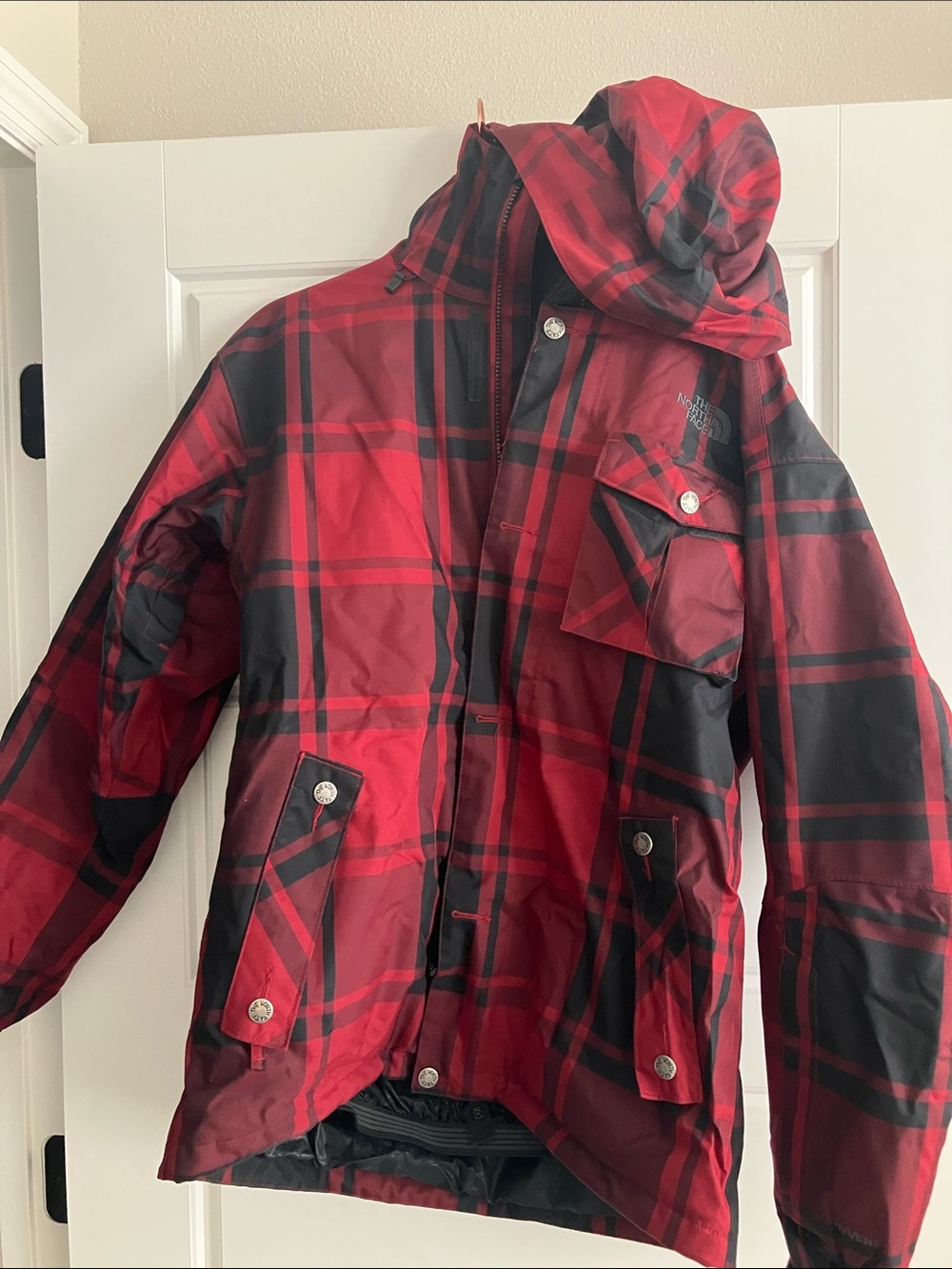 The North Face men’s small dark Red and Black Plaid Hooded Ski Jacket